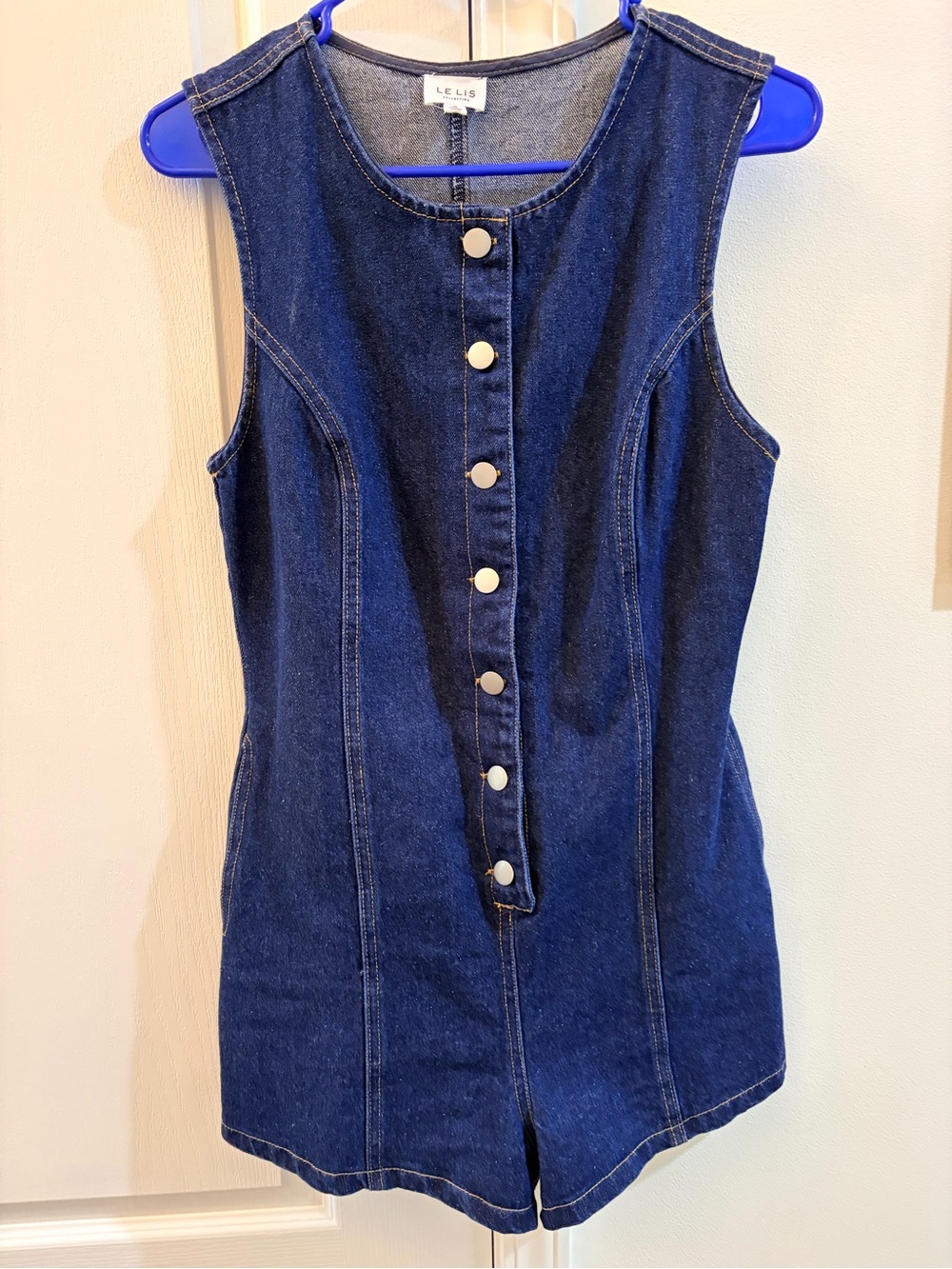 Le Lis Dark Blue Denim Button-Front Sleeveless Romper